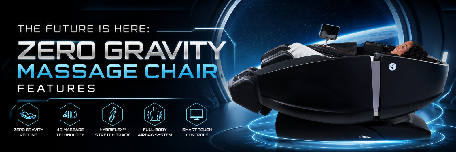 The Future Is Here: Zero Gravity Massage Chair Features showcased with the Daiwa Supreme Hybrid X in a futuristic wellness environment.