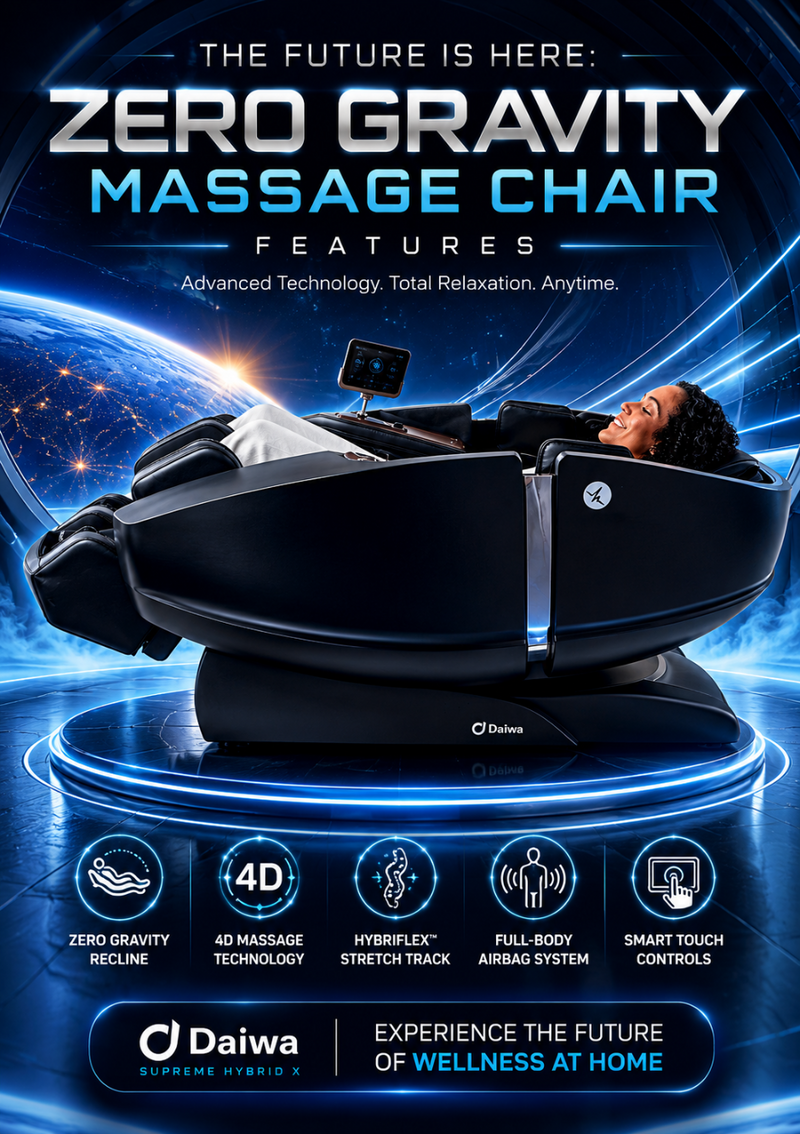 Daiwa Supreme Hybrid X zero gravity massage chair displayed in a futuristic setting highlighting advanced massage technology and full-body relaxation features.