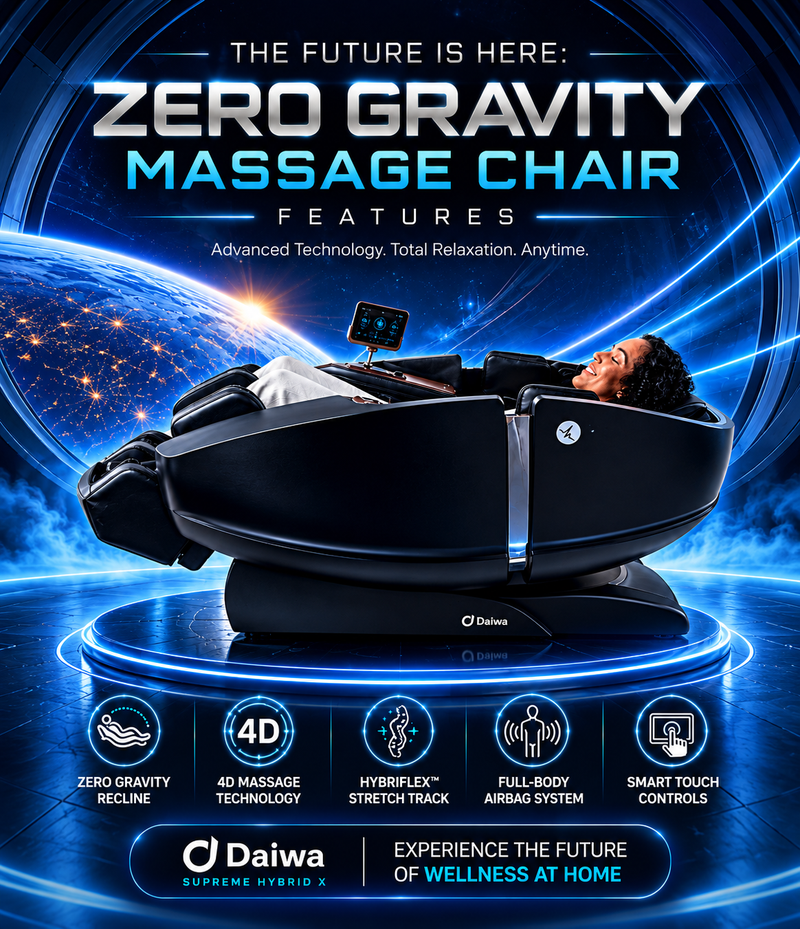Daiwa Supreme Hybrid X zero gravity massage chair displayed in a futuristic setting highlighting advanced massage technology and full-body relaxation features.