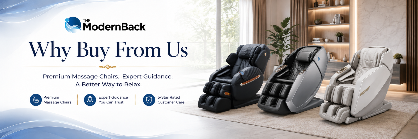 Promotional banner for ModernBack massage chairs, featuring three massage chairs in black, gray, and cream in a modern living room setting, with text reading 'Why Buy From Us' and feature icons on the left.