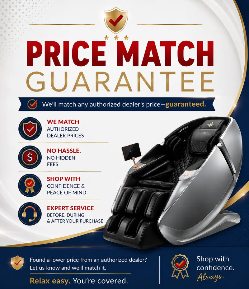 Promotional graphic for a black and silver massage chair with a 'PRICE MATCH GUARANTEE' headline, featuring product imagery, marketing text, and trust badges on a white and navy background.