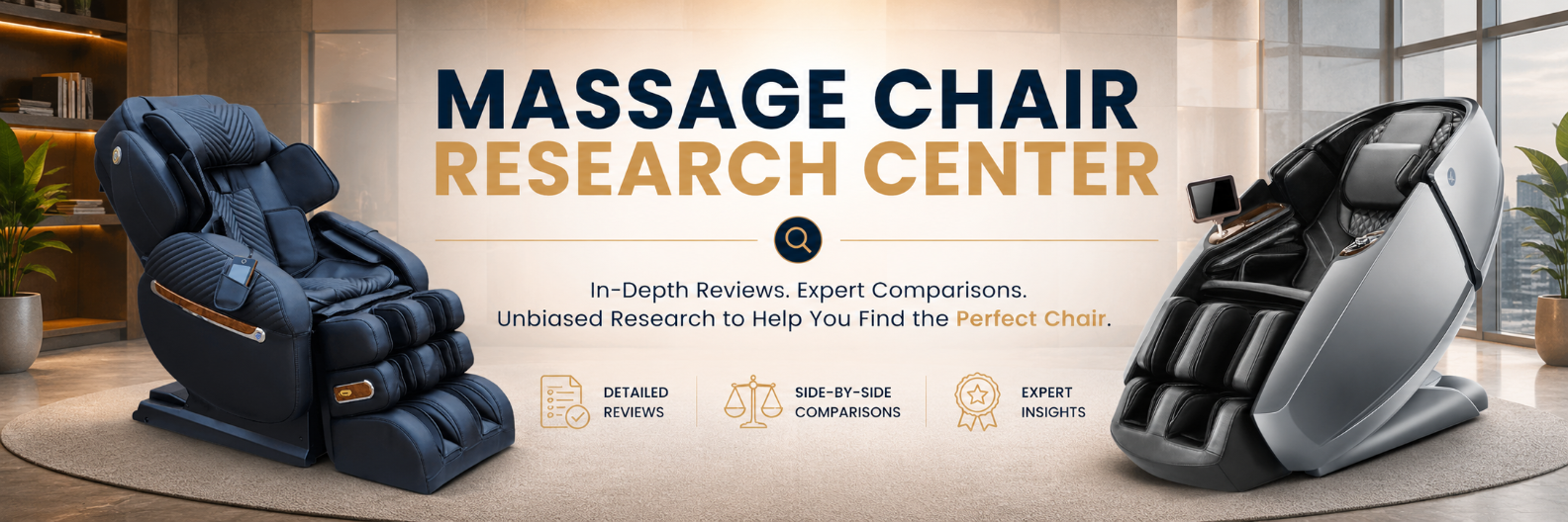 Massage Chair Research Center banner featuring the Luraco i9 Max Special Edition and Daiwa Supreme Hybrid X luxury massage chairs with expert reviews and side-by-side comparisons.