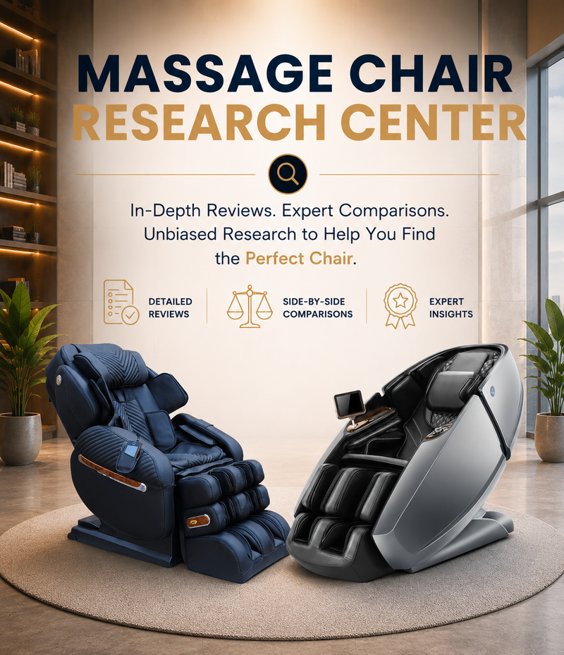 Massage Chair Research Center mobile banner showcasing the Luraco i9 Max Special Edition and Daiwa Supreme Hybrid X massage chairs for expert reviews, comparisons, and buying research.