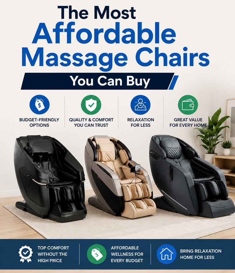 Mobile infographic featuring three affordable massage chairs with icons highlighting value, comfort, relaxation, and budget-friendly pricing.