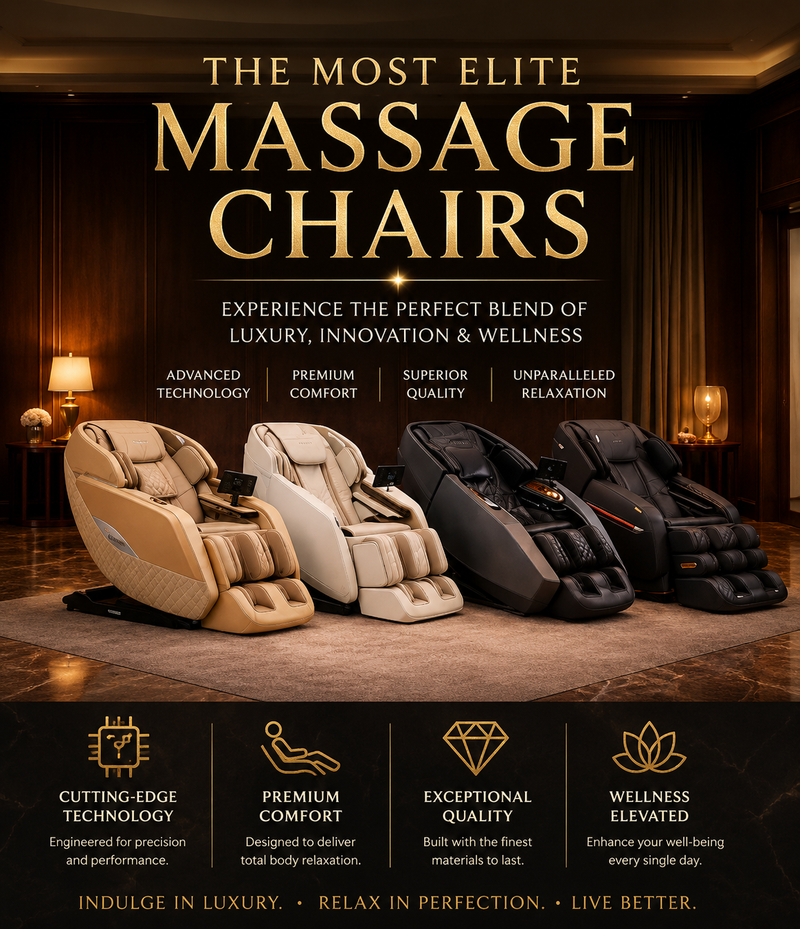 A promotional banner for massage chairs, featuring three chairs in beige, cream, and black, set against a luxurious dark wood interior background. The text at the top reads 'THE MOST ELITE MASSAGE CHAIRS' and the bottom section contains feature icons and descriptions.