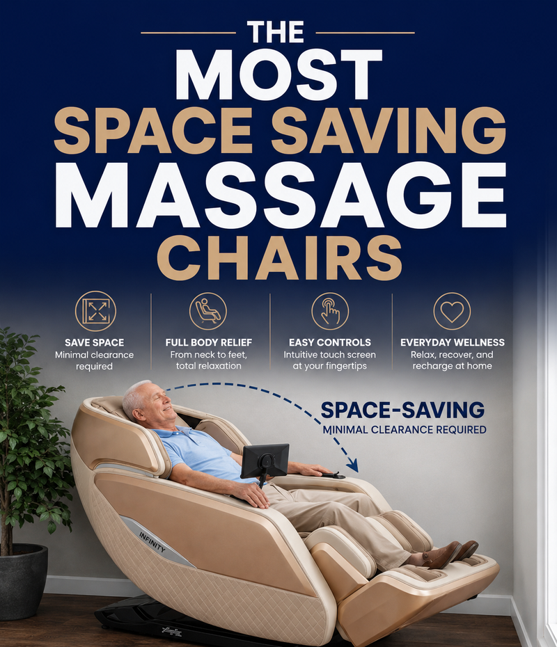 An advertisement for a space-saving massage chair featuring a man reclining in a beige and gray massage chair. The ad has a dark blue background with large text reading 'THE MOST SPACE SAVING MASSAGE CHAIRS' and four feature icons for 'SAVE SPACE', 'FULL BODY RELIEF', 'EASY CONTROLS', and 'EVERYDAY WELLNESS'.