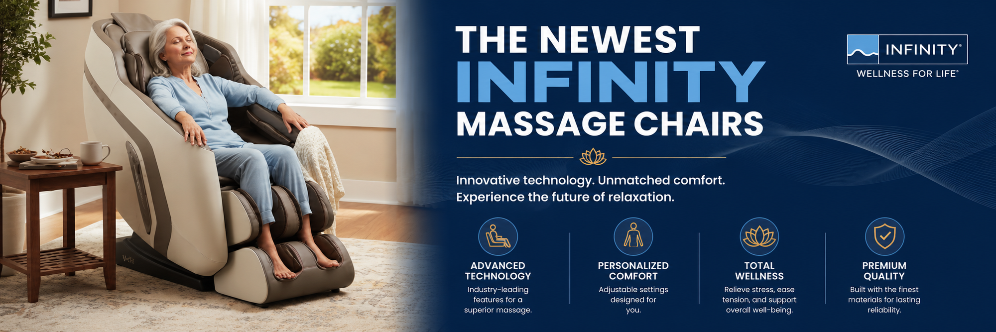 Promotional banner for the Infinity brand featuring a woman reclining in a beige and gray infinity massage chair on the left, with large text on the right reading 'THE NEWEST INFINITY MASSAGE CHAIRS' and feature icons below.