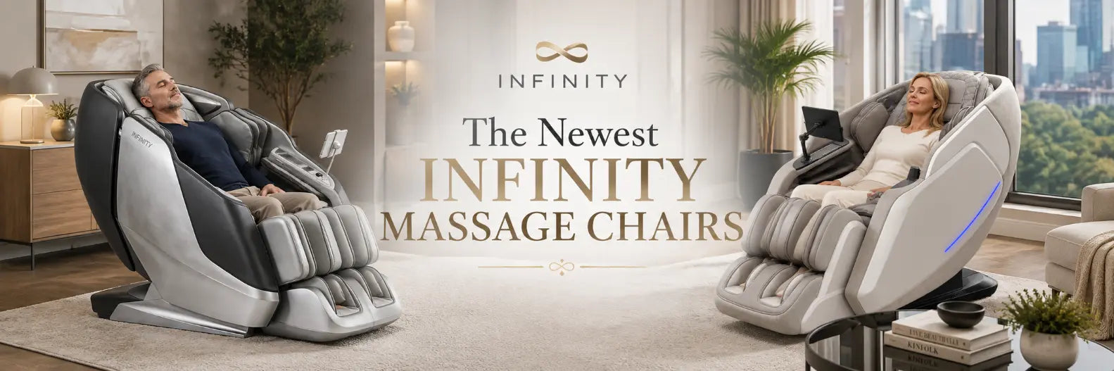 Two Infinity brand massage chairs shown in a modern living room setting, with a man reclining in a dark gray chair on the left and a woman reclining in a light gray chair on the right. The center features a large text overlay reading 'The Newest INFINITY MASSAGE CHAIRS'.