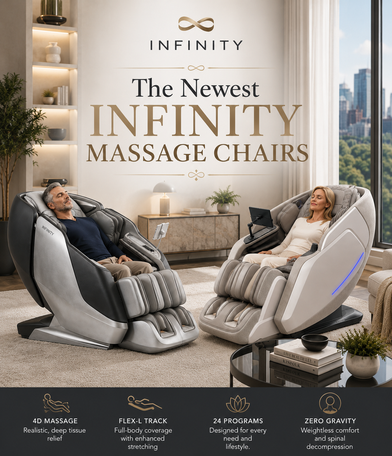 Two Infinity brand massage chairs shown in a modern living room setting with a man and woman reclining inside, plus large promotional text and feature icons along the bottom.