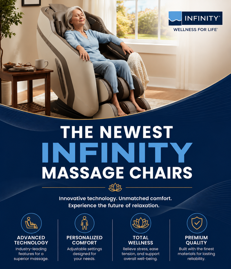 Promotional graphic for the Infinity Wellness for Life massage chair, featuring a woman relaxing in a beige and gray massage chair in a living room setting, with a dark blue lower section containing product text and feature icons.