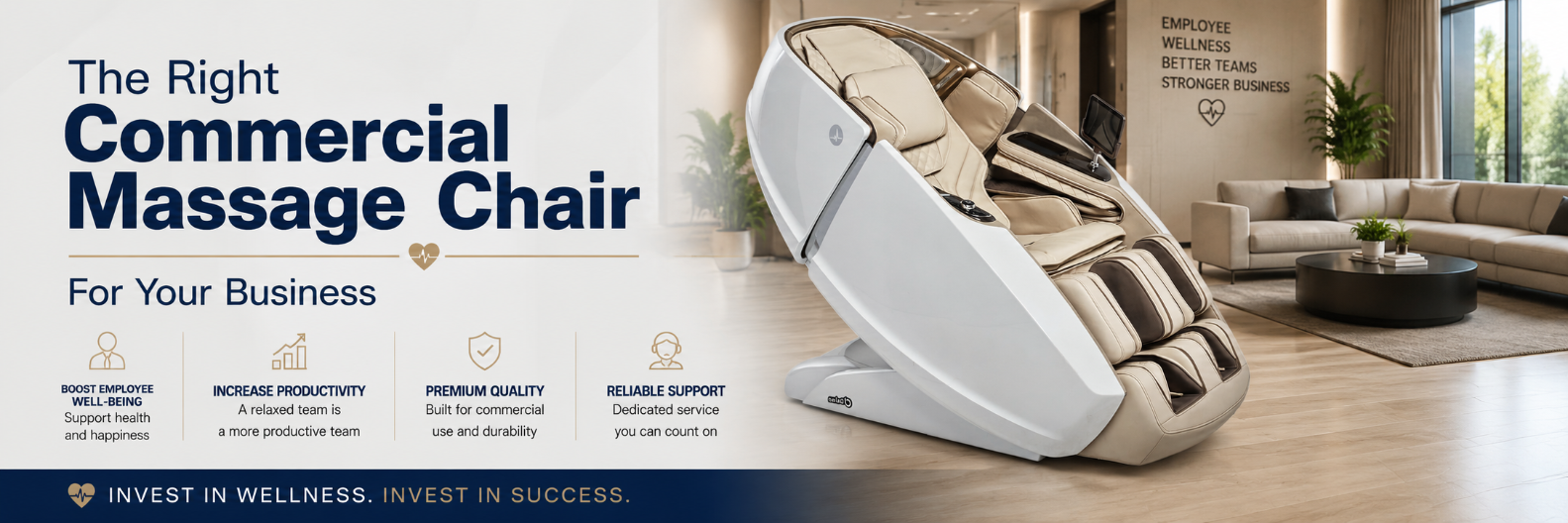 Commercial massage chair in a modern business wellness space designed to improve employee well-being, productivity, and workplace comfort.