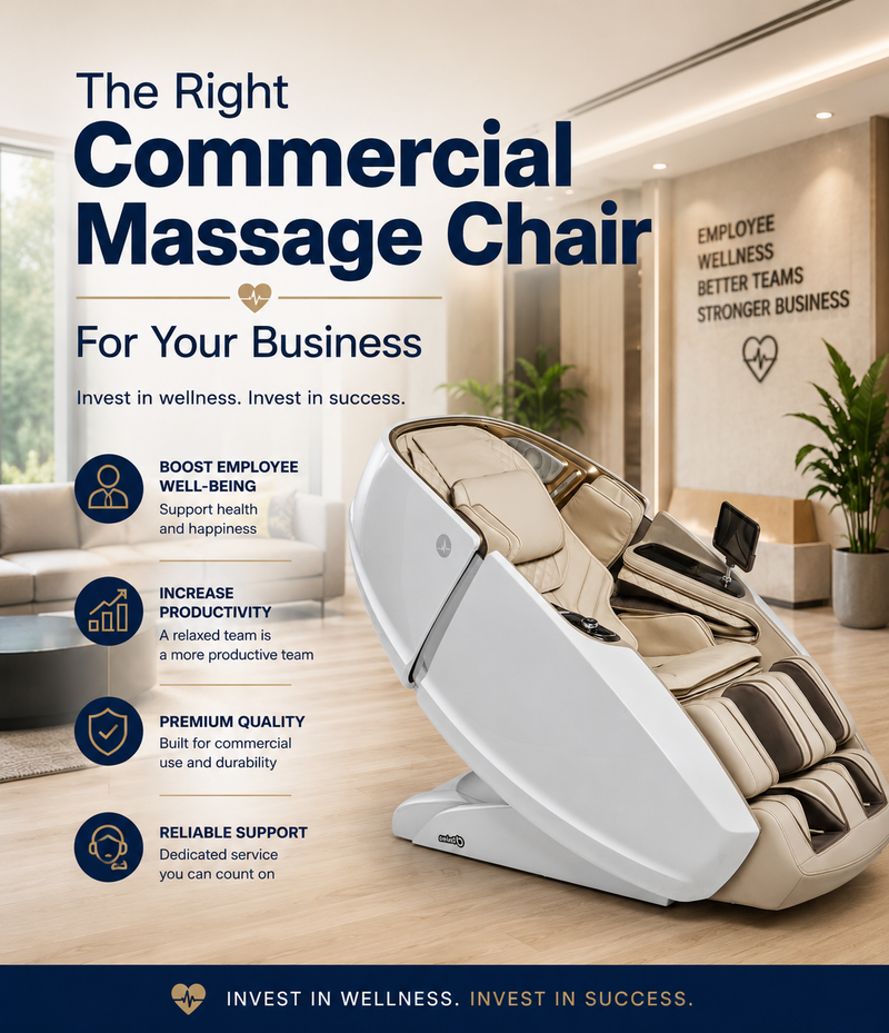 Luxury commercial massage chair in a professional office environment highlighting workplace wellness, employee satisfaction, and business success.