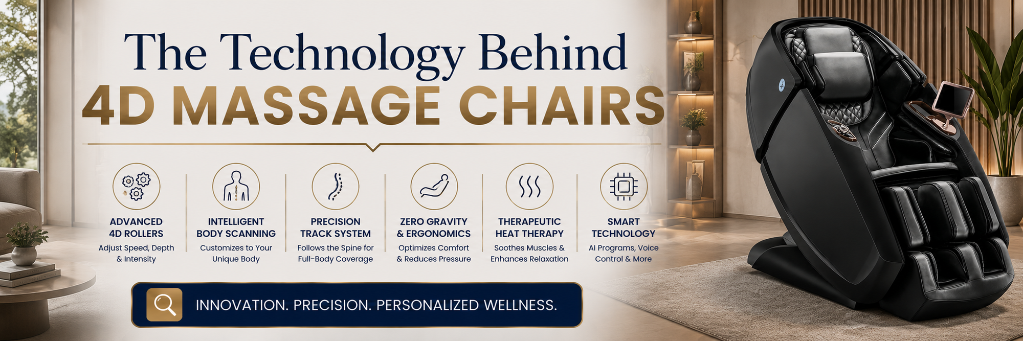 The Technology Behind 4D Massage Chairs featuring the Daiwa Supreme Hybrid X with advanced 4D rollers, intelligent body scanning, precision track technology, and personalized wellness.