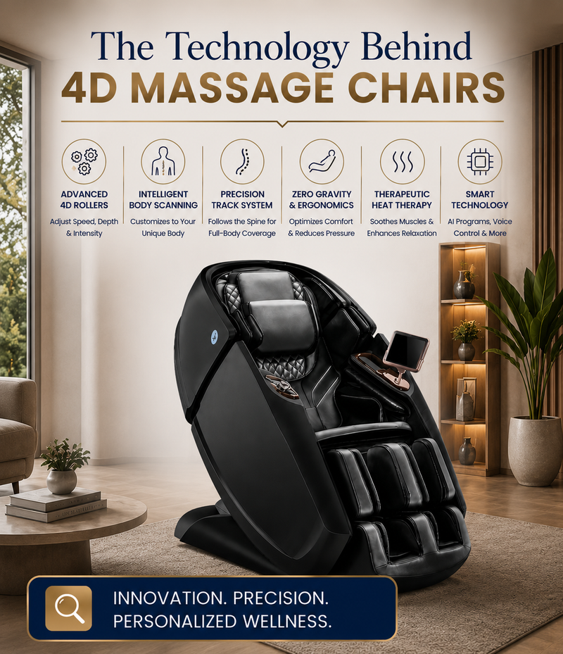 The Technology Behind 4D Massage Chairs showcasing the Daiwa Supreme Hybrid X with advanced 4D massage technology, smart body scanning, Zero Gravity, and therapeutic heat.