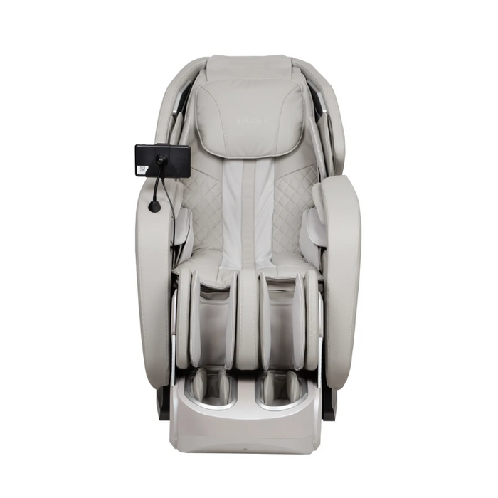 The front view of the Titan 4D Advent Massage Chair showcases its sleek, modern design, featuring a contoured seat, padded armrests, and an intuitive control panel. The chair's streamlined silhouette and premium upholstery make it a stylish addition to any living space.