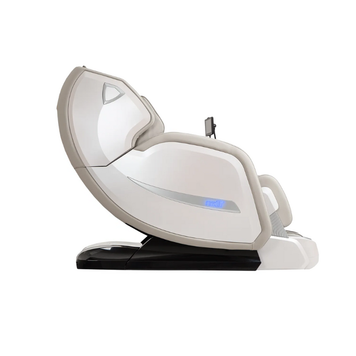 The side view of the Titan 4D Advent Massage Chair highlights its sleek, space-saving design, featuring a contoured SL-track that follows the natural curve of your spine, an automatic extendable footrest, and a reclining mechanism that requires only 5 inches of clearance from the wall, making it an elegant and practical addition to any room.