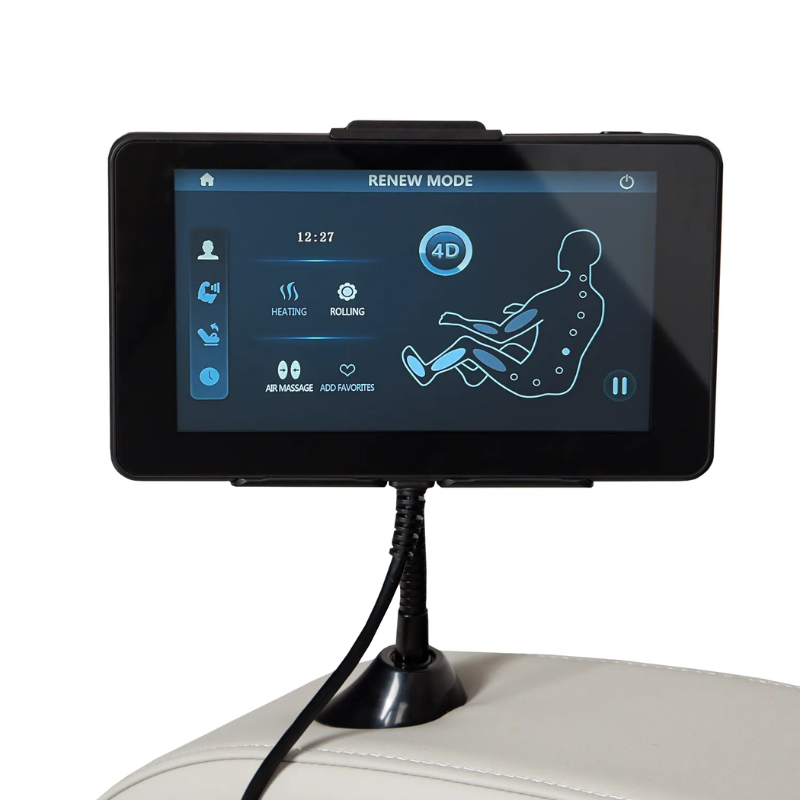 The Titan 4D Advent Massage Chair features a 7-inch touchscreen remote, providing an intuitive, one-touch control for effortless customization of your massage experience. 