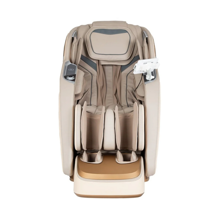 Front view of the Titan TP-Ronin 4D Massage Chair in taupe, highlighting its sleek design, plush seating, and advanced massage technology, ideal for enhancing relaxation in any space.