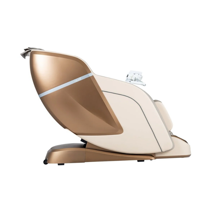 Side view of the Titan Ronin 4D Massage Chair in taupe, showcasing its sleek design and ergonomic contours that provide both style and comfort.