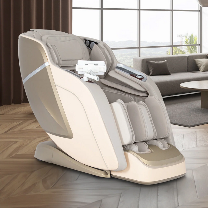 Titan Ronin 4D Massage Chair in a stylish home setting, showcasing its taupe upholstery and contemporary design, seamlessly blending into the living space for both comfort and aesthetics.