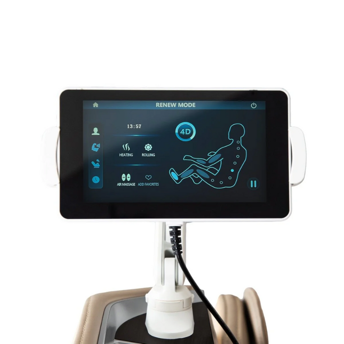 Close-up view of the touchscreen tablet controller for the Titan TP-Ronin 4D Massage Chair, showcasing its user-friendly interface for controlling various massage functions and settings.