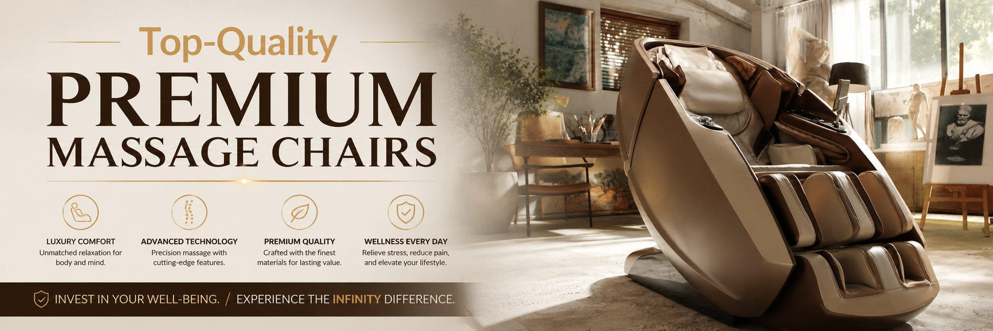 A premium massage chair in a warm brown and beige leather-like material, shown reclining in a styled living room setting. The left side features a beige banner with text reading 'Top-Quality PREMIUM MASSAGE CHAIRS' and icons describing features like luxury comfort, advanced technology, and premium quality.