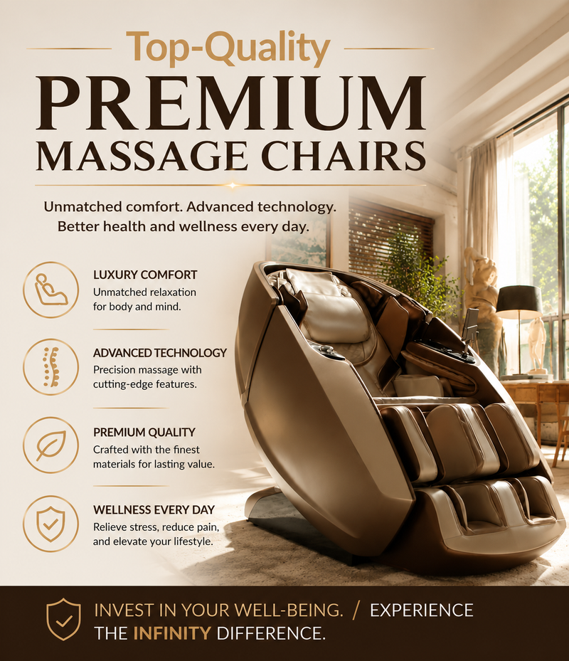 A premium beige and brown automatic massage chair shown in a modern, sunlit living room setting. The ad features marketing text highlighting 'Top-Quality PREMIUM MASSAGE CHAIRS' along with four key selling points: 'LUXURY COMFORT', 'ADVANCED TECHNOLOGY', 'PREMIUM QUALITY', and 'WELLNESS EVERY DAY'.