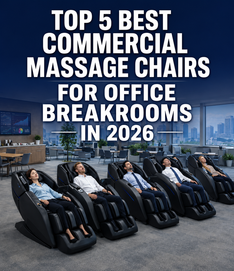 Modern office breakroom featuring five people reclining in massage chairs designed for employee relaxation, stress relief, and workplace wellness.