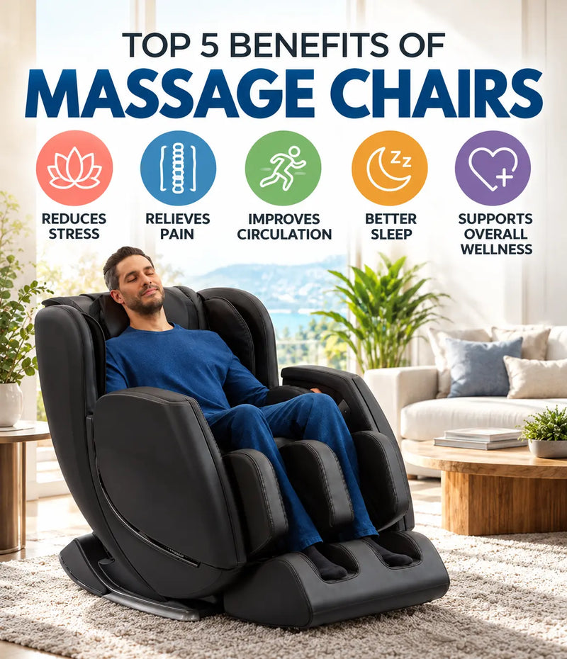 Top 5 benefits of massage chairs illustrated with a man reclining in a massage chair and five wellness benefit icons.