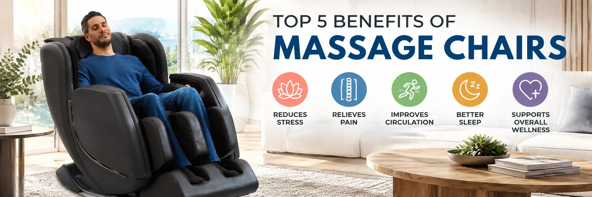 Man relaxing in a luxury massage chair with icons highlighting stress relief, pain relief, improved circulation, better sleep, and wellness.