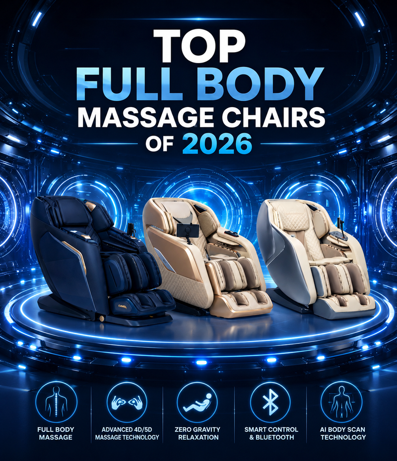 Three massage chairs on a stage with futuristic background and text about top full body massage chairs of 2026.