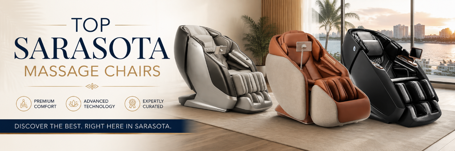 Three massage chairs in silver, brown, and black are displayed in a modern living room setting with a sunset view, next to promotional text for 'Top Sarasota Massage Chairs' in Sarasota, Florida.