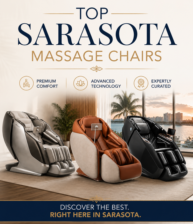 Promotional graphic for Sarasota massage chairs showing three massage chairs in front of a waterfront sunset scene. The chairs are shown in silver, tan-and-beige, and black.
