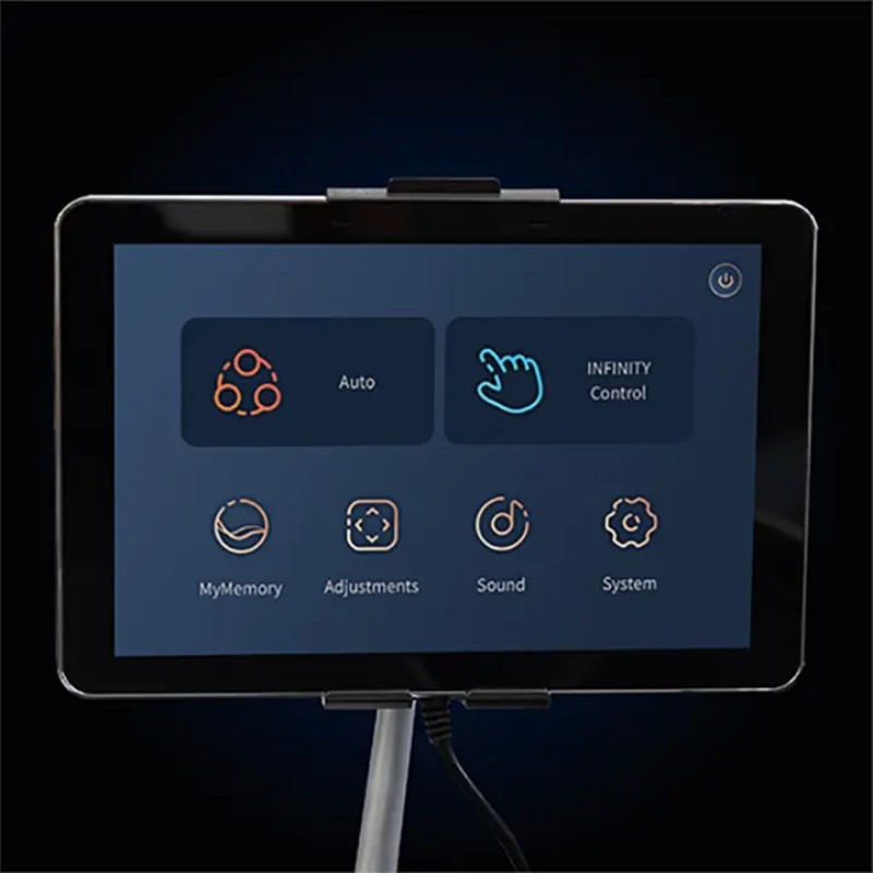 Close-up of the Infinity Circadian 4D DualFlex Massage Chair's 8-inch touch screen tablet remote, featuring an intuitive interface for easy navigation and customization of massage settings.
