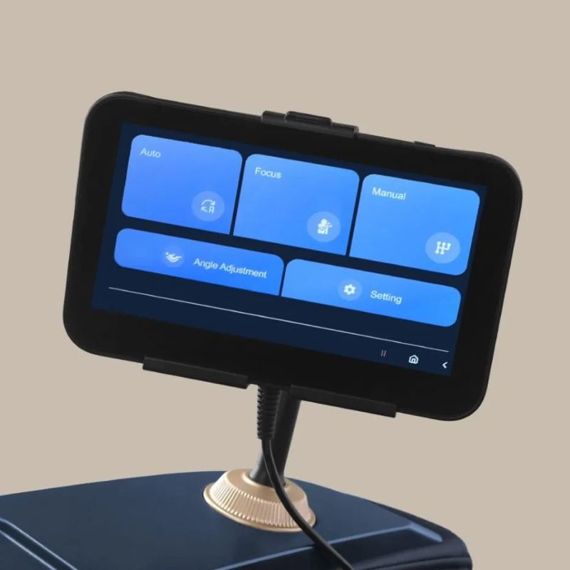 Close-up of Daiwa Rumba massage chair touchscreen controller displaying easy-to-use massage settings and program options.