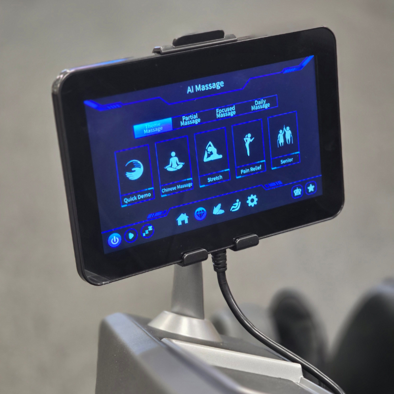 Touchscreen tablet controller for the Osaki Kairos Duo massage chair, displaying massage programs and settings.