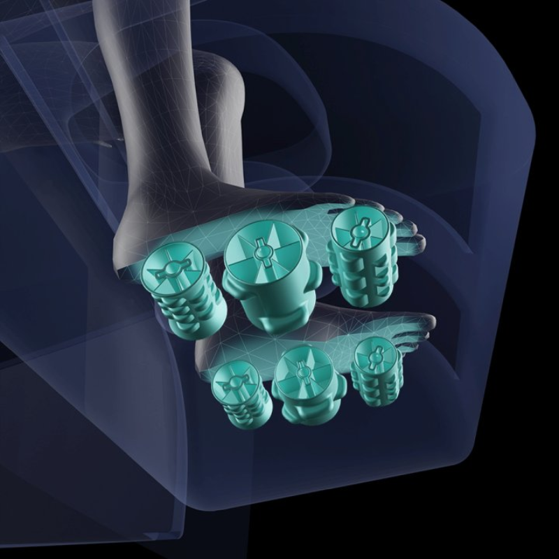 Footrest image showing triple rollers under each foot targeting reflexology pressure points.