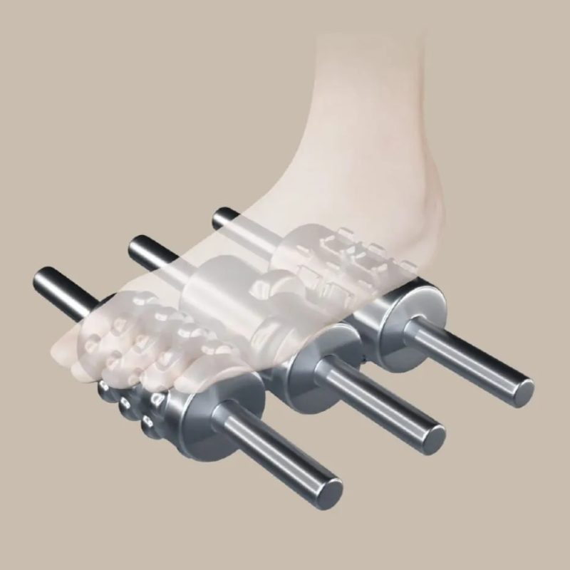 Close-up view of Daiwa Rumba massage chair’s triple reflexology foot rollers massaging the soles to relieve tension and boost circulation.