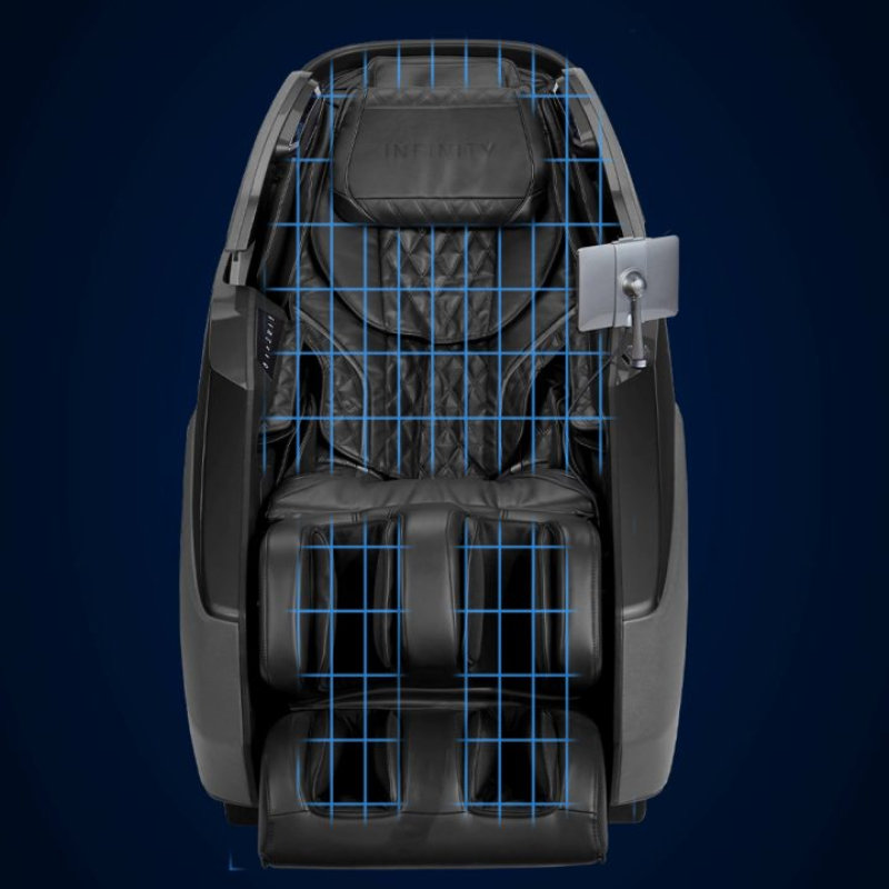 Diagram of chair’s TrueFit body scanning system adjusting rollers to user’s body shape.