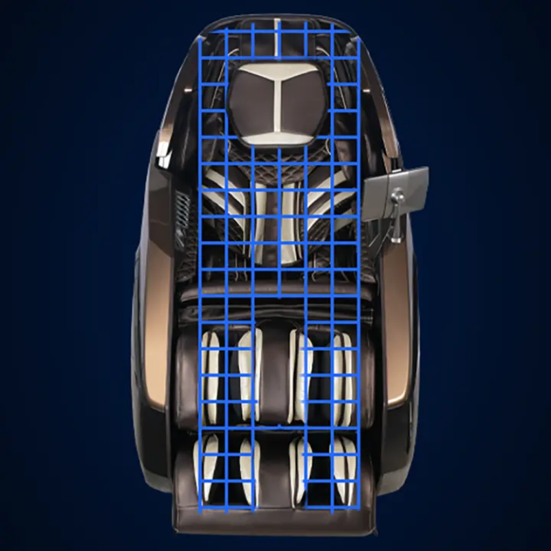 Illustration of AI body scanning in a massage chair mapping the user’s shoulders, spine, and body contours for a personalized massage.