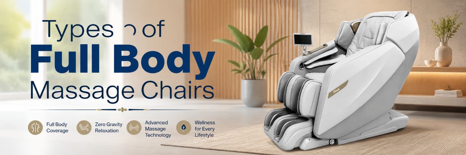 Types of Full Body Massage Chairs banner featuring the Kahuna Dios Flexa massage chair in a modern wellness room with clean contemporary décor.