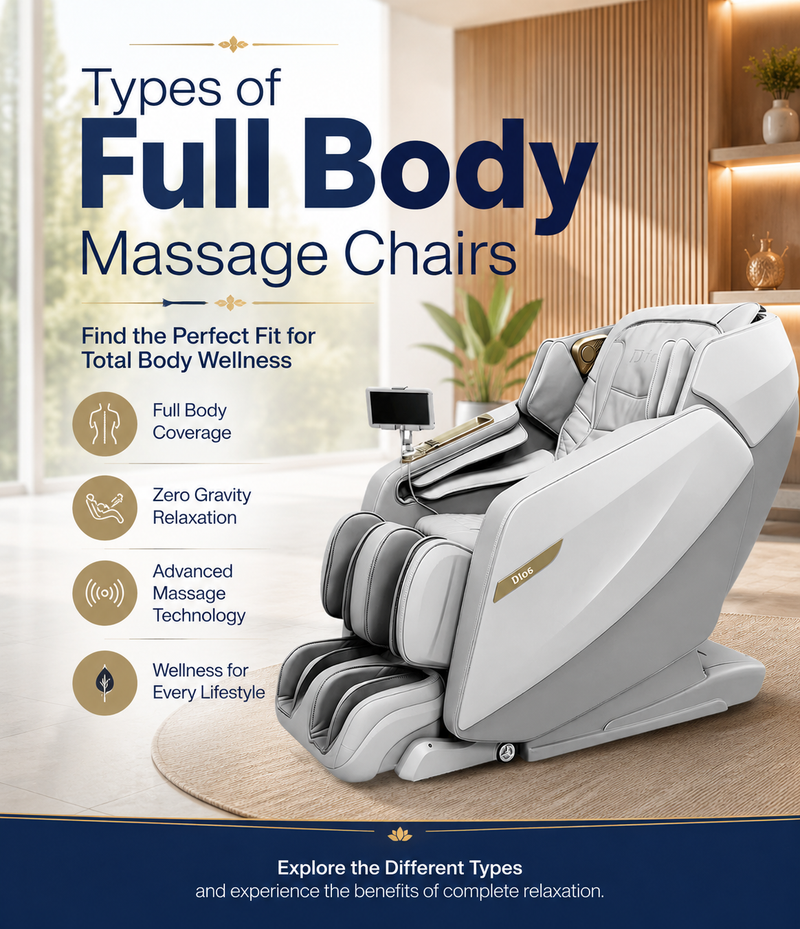 Types of Full Body Massage Chairs mobile banner featuring the Kahuna Dios Flexa full body massage chair in a luxurious spa-inspired setting.