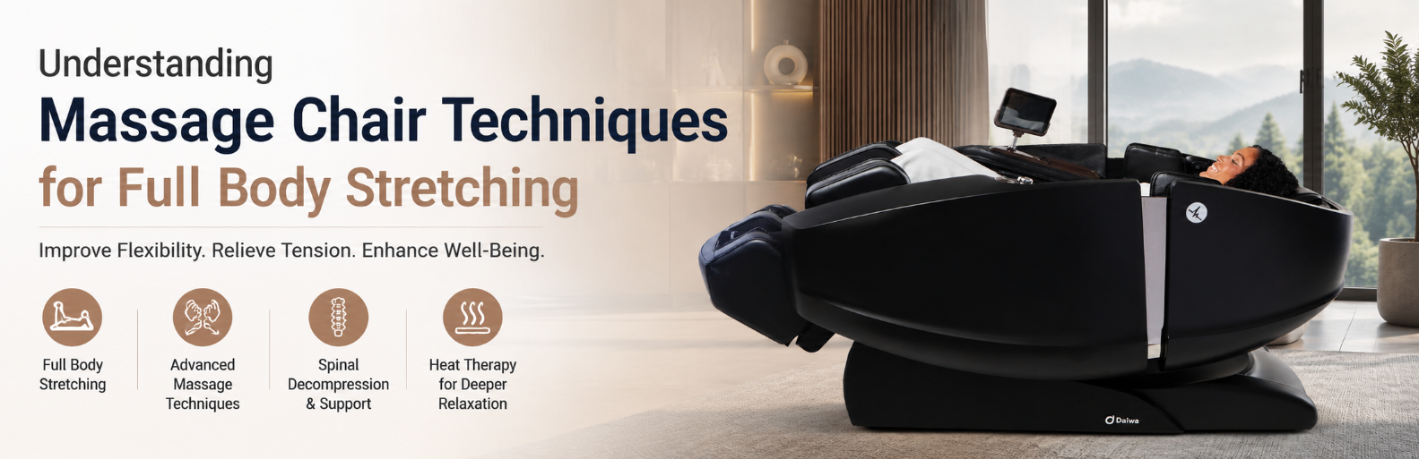 Understanding Massage Chair Techniques for Full Body Stretching featuring a person relaxing in the Daiwa Supreme Hybrid X massage chair with advanced stretch functions, spinal decompression, and heat therapy.