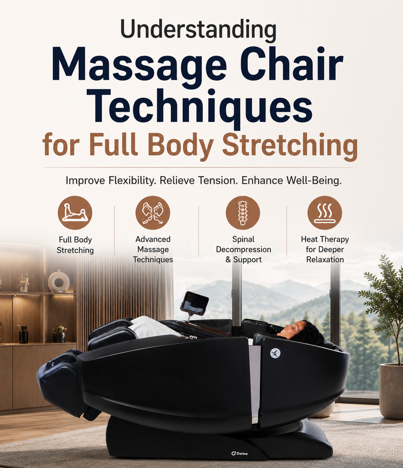 Person enjoying a full body stretch massage in the Daiwa Supreme Hybrid X massage chair with advanced massage techniques, spinal decompression, and heat therapy.