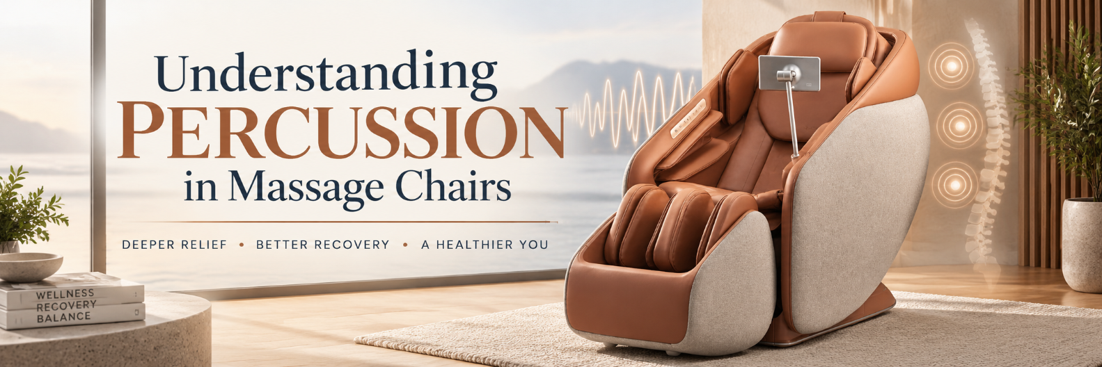Understanding percussion in massage chairs with luxury massage chair and targeted muscle relief illustration.