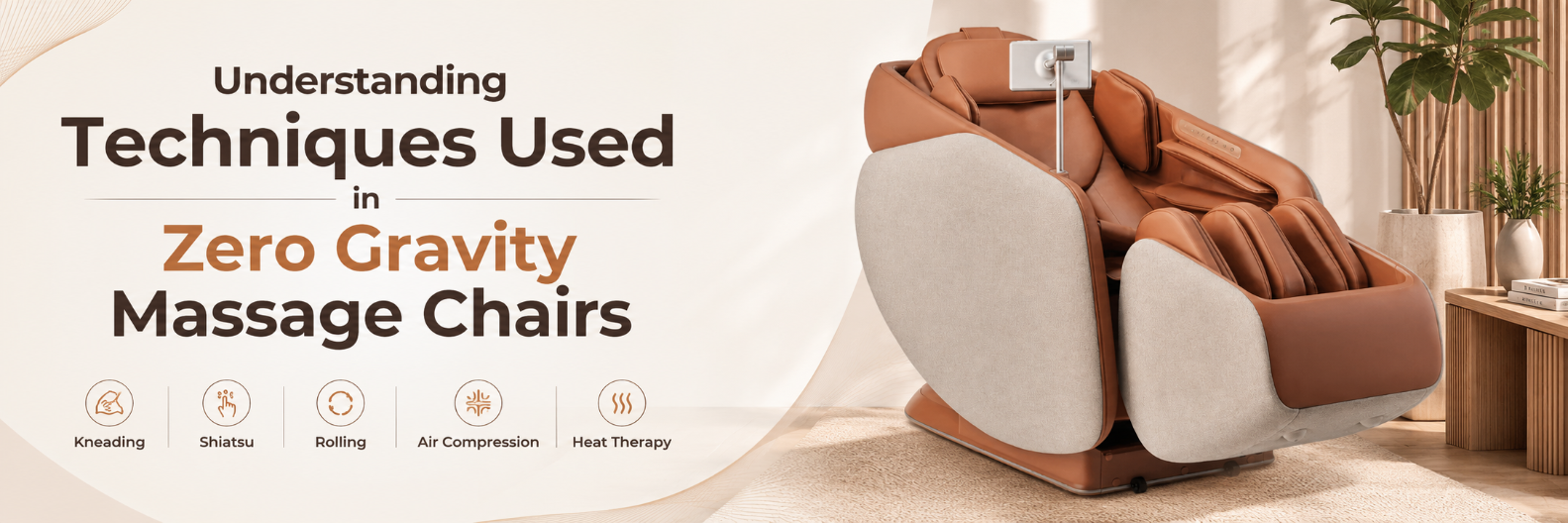 Zero gravity massage chair highlighting massage techniques including kneading, shiatsu, rolling, air compression, and heat therapy.