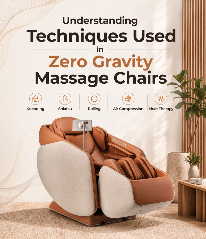 Luxury zero gravity massage chair with infographic showcasing common massage techniques and therapies.