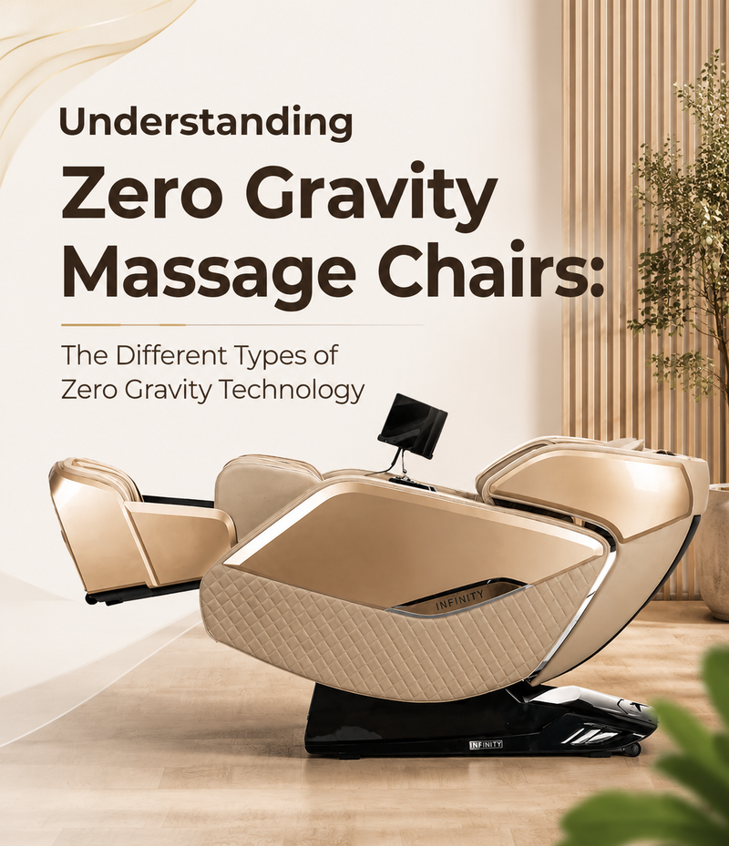Luxury Infinity zero gravity massage chair with article title about different types of zero gravity technology.