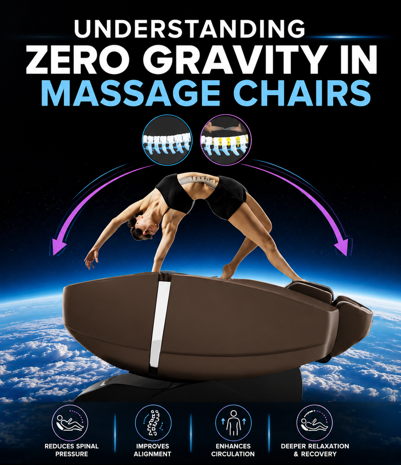 Understanding zero gravity in massage chairs with graphics highlighting reduced spinal pressure, improved alignment, and enhanced relaxation.
