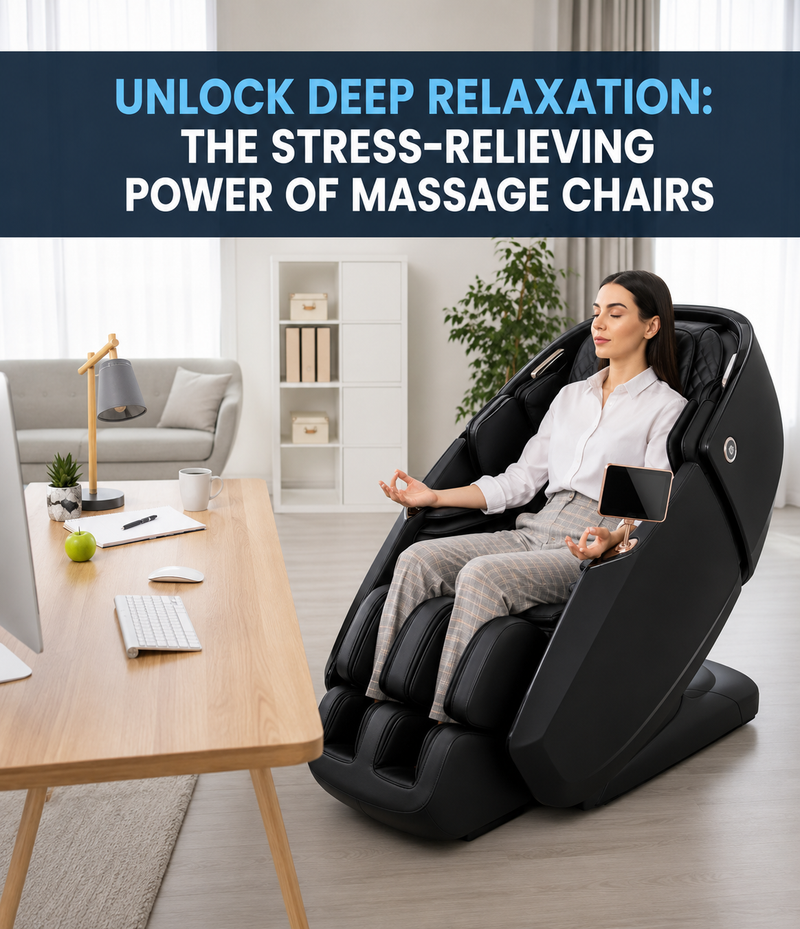 Person relaxing in a full-body massage chair with advanced massage technology, reducing stress, relieving muscle tension, promoting relaxation, and supporting daily wellness at home.